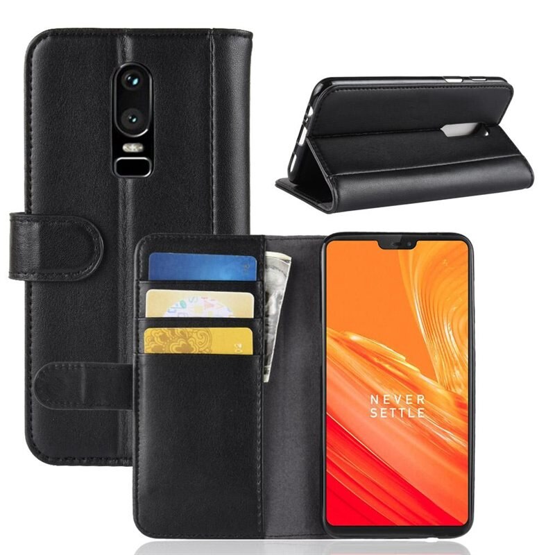 Äkta Läderfodral OnePlus 6 Svart - Stilrent plånboksfodral med plats för sedlar och kort