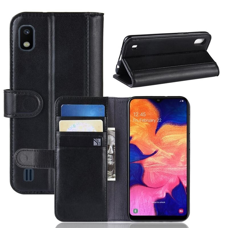 Äkta Läderfodral Samsung Galaxy A10 Svart - Stilrent plånboksfodral med plats för sedlar och kort