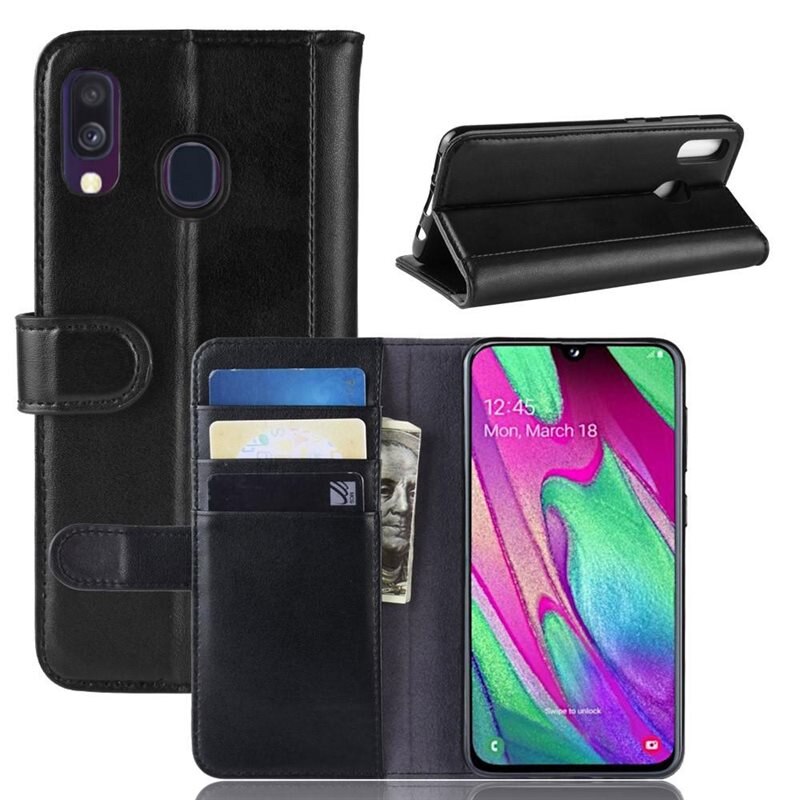 Äkta Läderfodral Samsung Galaxy A40 Svart - Stilrent plånboksfodral med plats för sedlar och kort