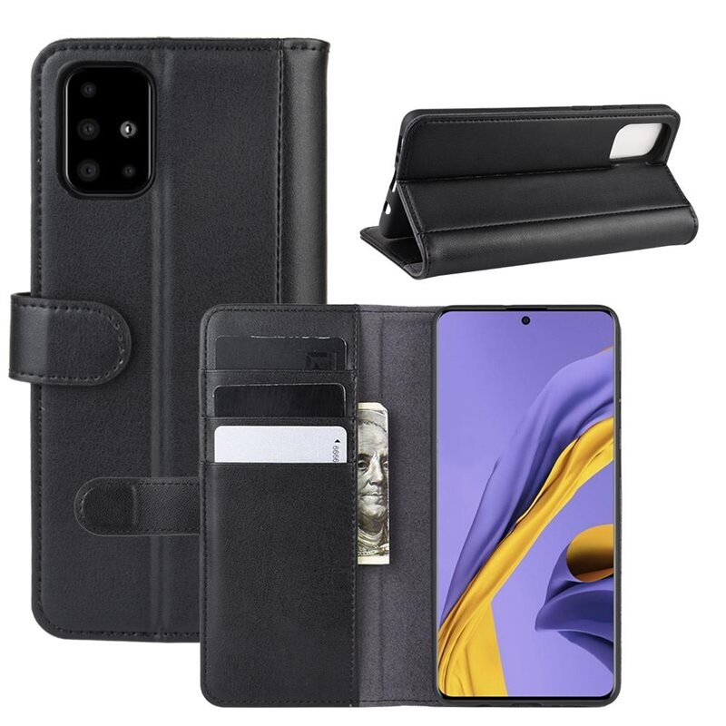 Äkta Läderfodral Samsung Galaxy A51 Svart - Stilrent plånboksfodral med plats för sedlar och kort