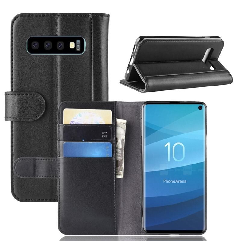 Äkta Läderfodral Samsung Galaxy S10 Svart - Stilrent plånboksfodral med plats för sedlar och kort