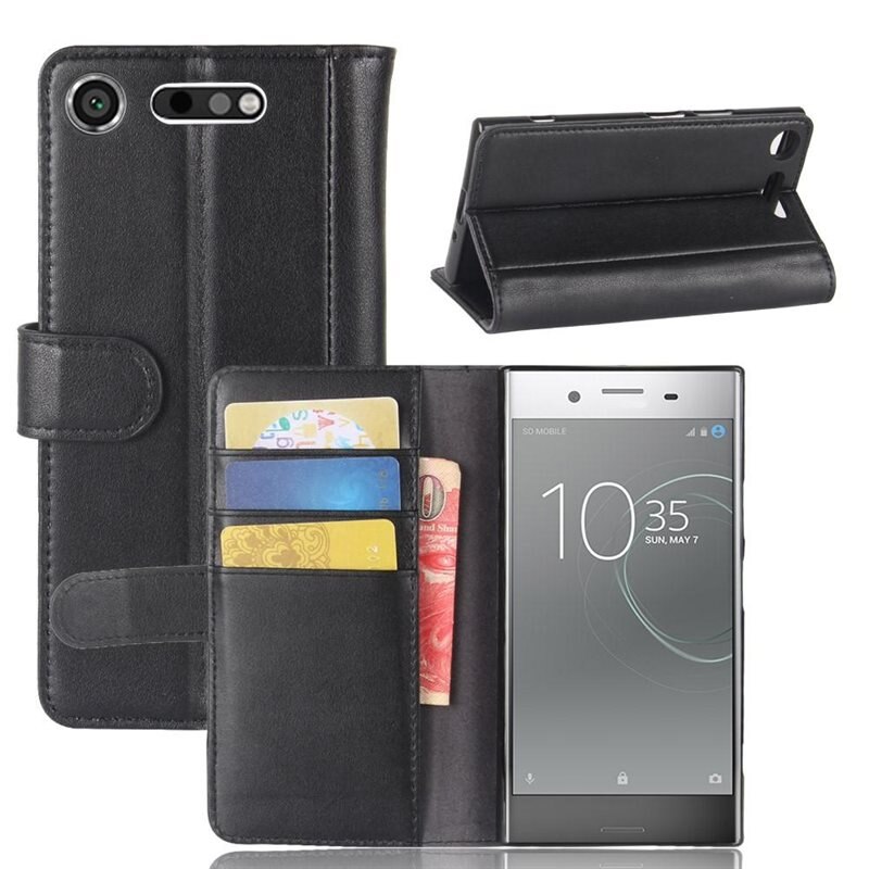 Äkta Läderfodral Sony Xperia XZ1 Svart - Stilrent plånboksfodral med plats för sedlar och kort