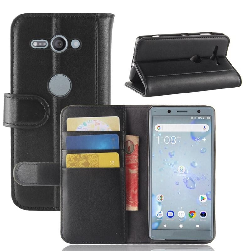 Äkta Läderfodral Sony Xperia XZ2 Compact Svart - Stilrent plånboksfodral med plats för sedlar och kort