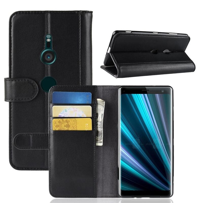 Äkta Läderfodral Sony Xperia XZ3 Svart - Stilrent plånboksfodral med plats för sedlar och kort