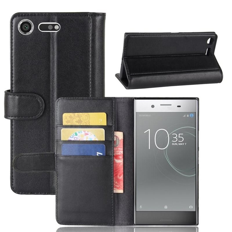 Äkta Läderfodral Sony Xperia XZ Premium Svart - Stilrent plånboksfodral med plats för sedlar och kort