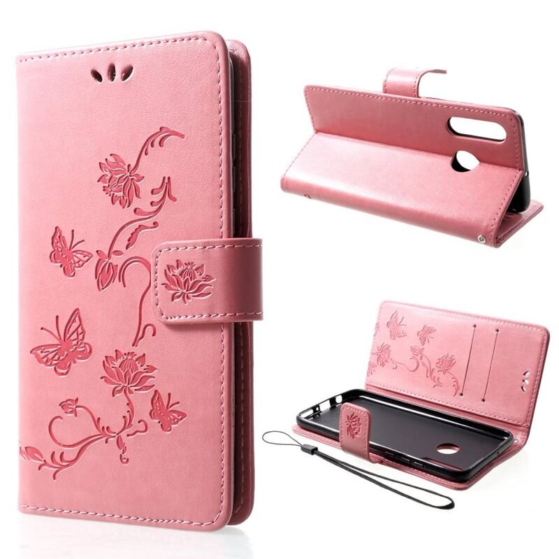 Läderfodral Fjärilar Huawei P30 Lite Rosa - Fint plånboksfodral med mönster