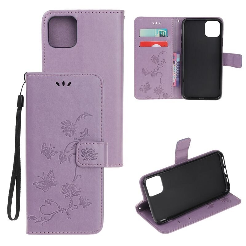 Läderfodral Fjärilar iPhone 11 Lila - Fint plånboksfodral med mönster
