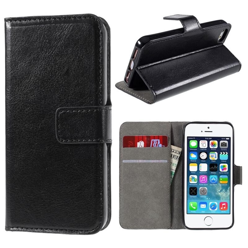 Läderplånbok Apple iPhone 5/5S/SE svart - Plånboksfodral