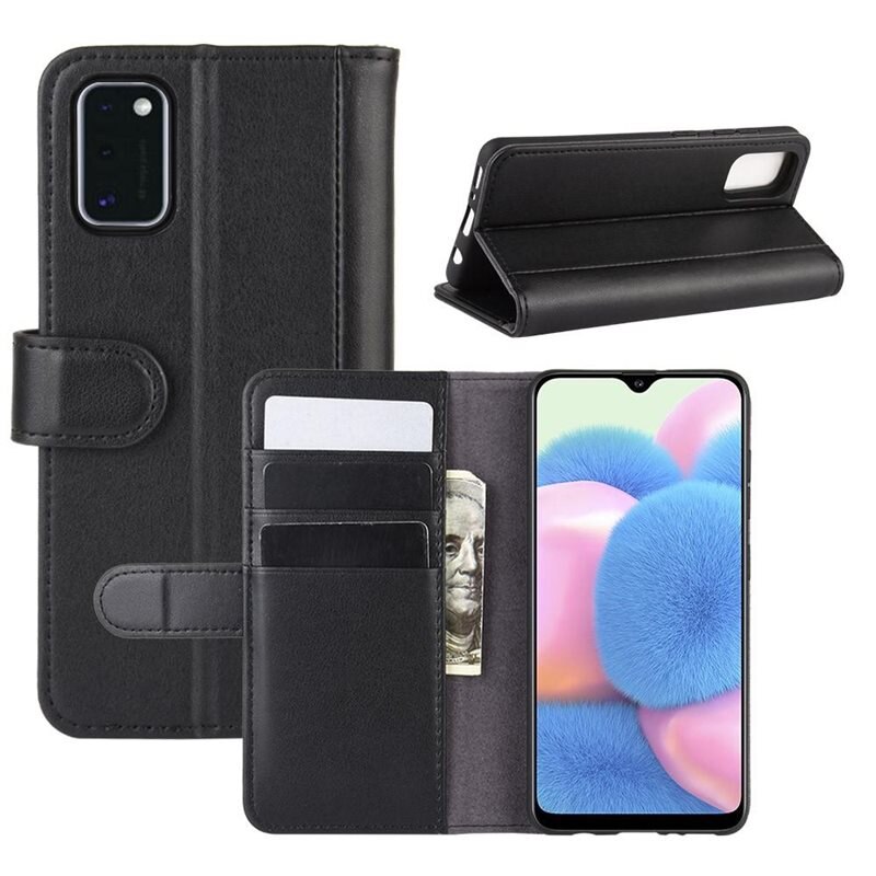 Äkta Läderfodral Samsung Galaxy A41 Svart - Stilrent plånboksfodral med plats för sedlar och kort