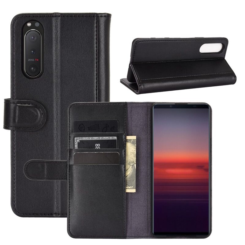 Äkta Läderfodral Sony Xperia 5 II Svart - Stilrent plånboksfodral med plats för sedlar och kort