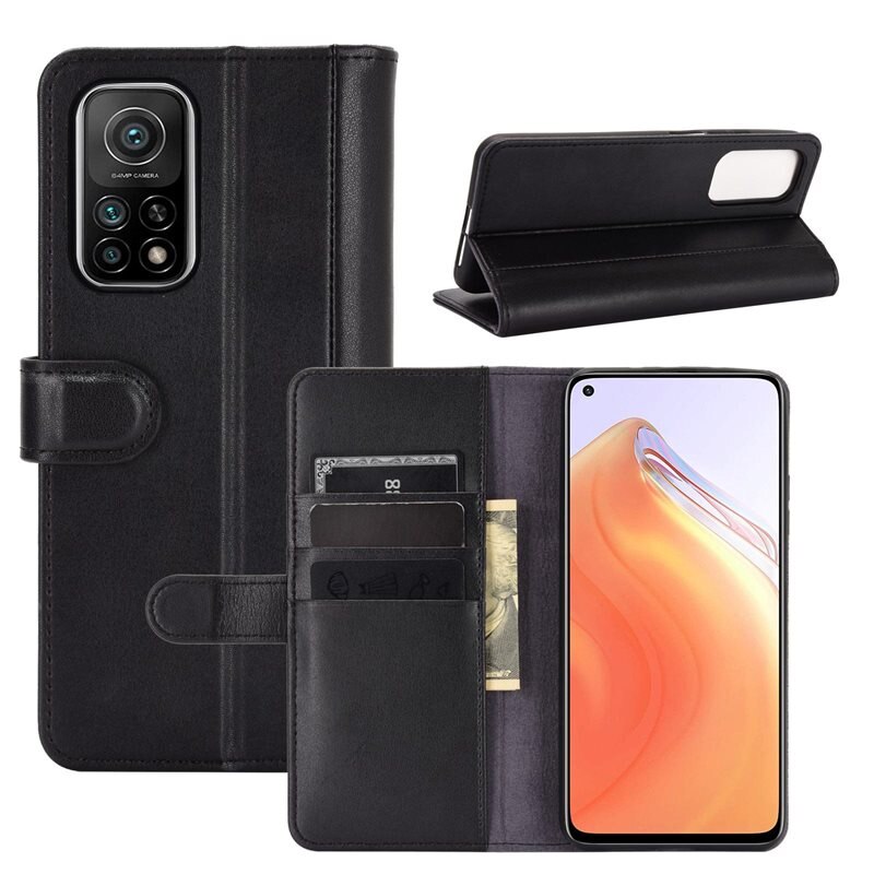 Äkta Läderfodral Xiaomi Mi 10T/10T Pro Svart - Stilrent plånboksfodral med plats för sedlar och kort
