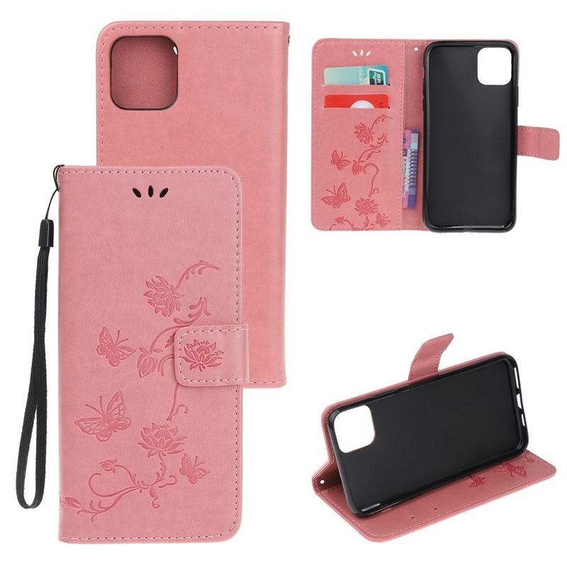 Läderfodral Fjärilar iPhone 12/iPhone 12 Pro Rosa - Fint plånboksfodral med mönster