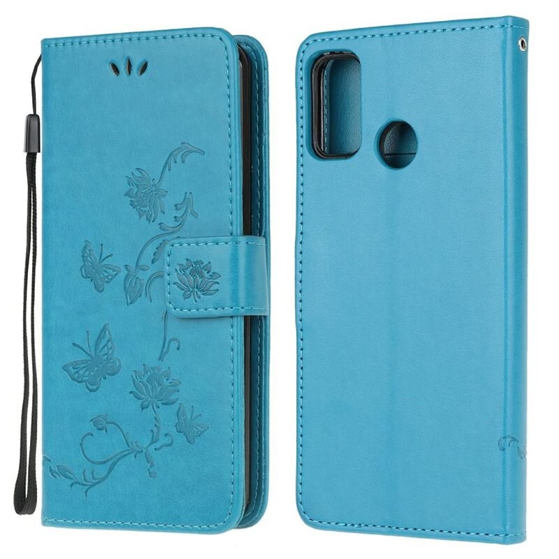 Läderfodral Fjärilar Motorola Moto G30/Moto G10/Moto G20 Blå - Fint plånboksfodral med mönster