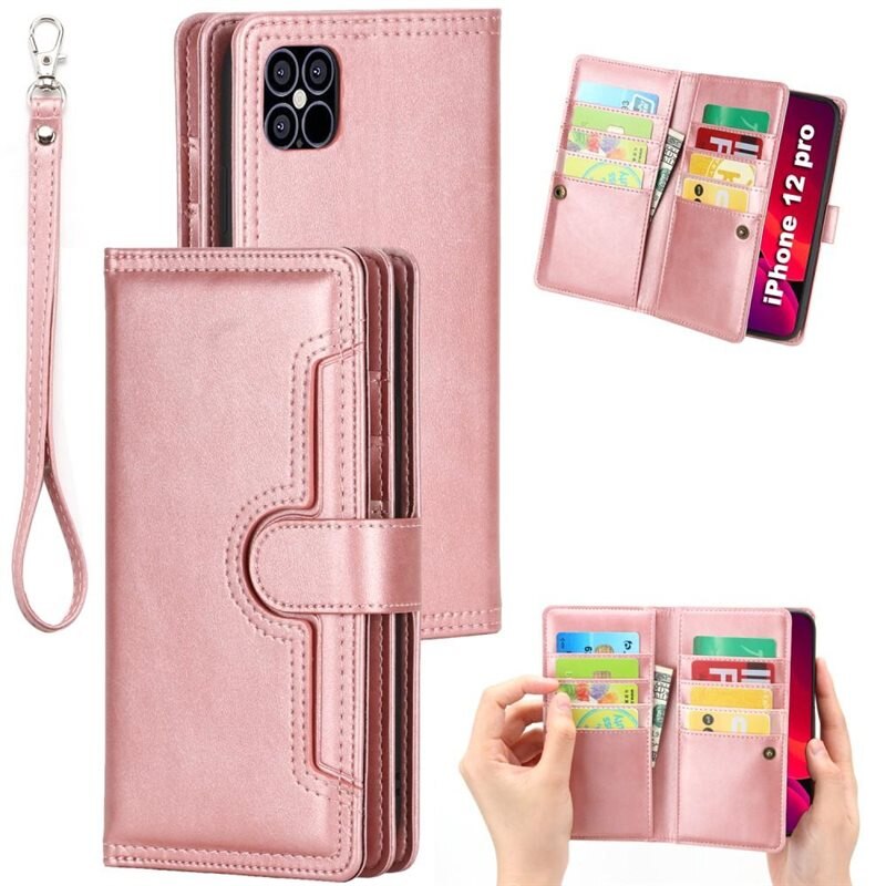 Läderplånbok Multi-slot iPhone 12/12 Pro roséguld - Mobilfodral - Plånboksfodral - Korthållare