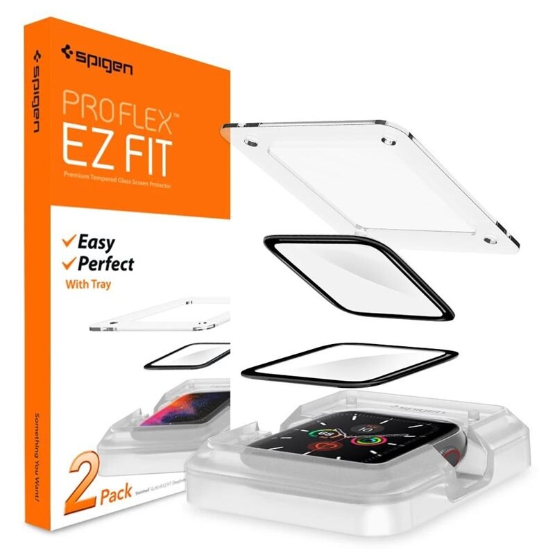 Spigen Apple Watch SE 44mm Screen Protector ProFlex EZ Fit (2-pack) - Skärmskydd i härdat glas med installationsram