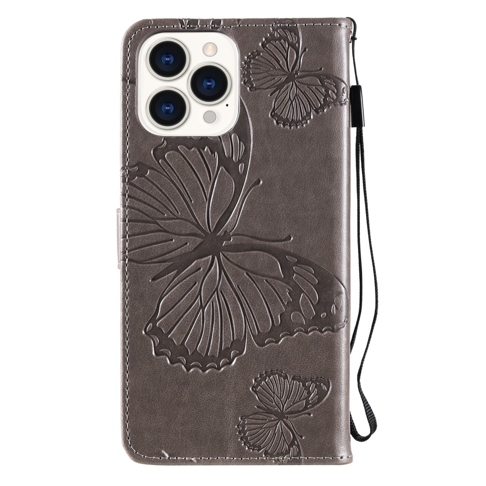 Läderfodral Fjärilar iPhone 13 Pro grå