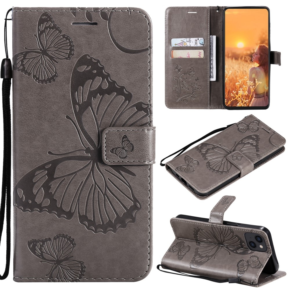 Läderfodral Fjärilar Apple iPhone 13 Mini Grå