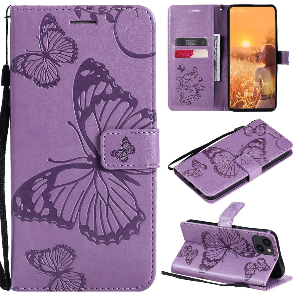 Läderfodral Fjärilar Apple iPhone 13 Mini Lila