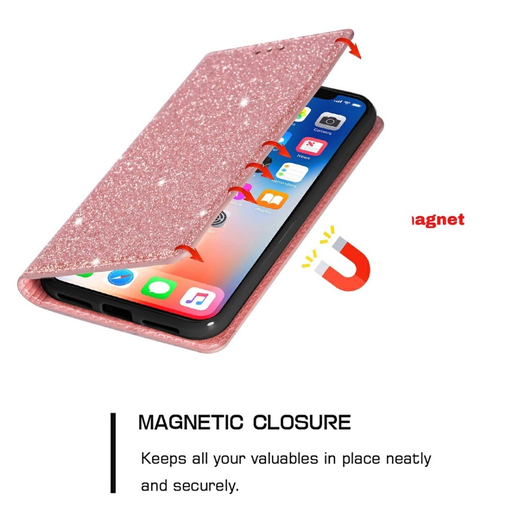 Glittrande plånboksfodral iPhone 13 roséguld