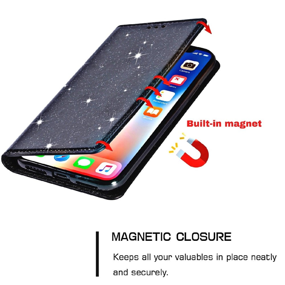 Glittrande plånboksfodral iPhone 13 svart