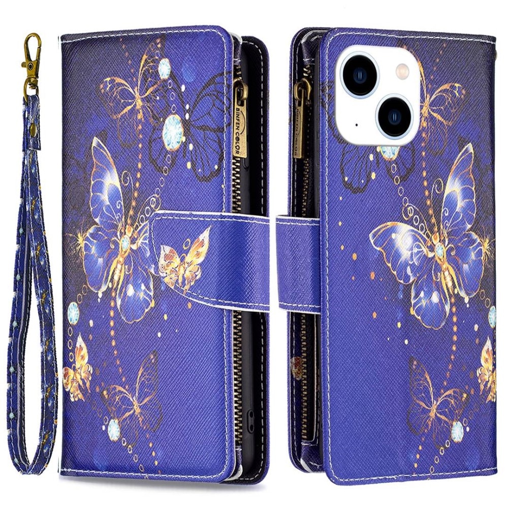 Plånboksväska iPhone 14 lila fjärilar
