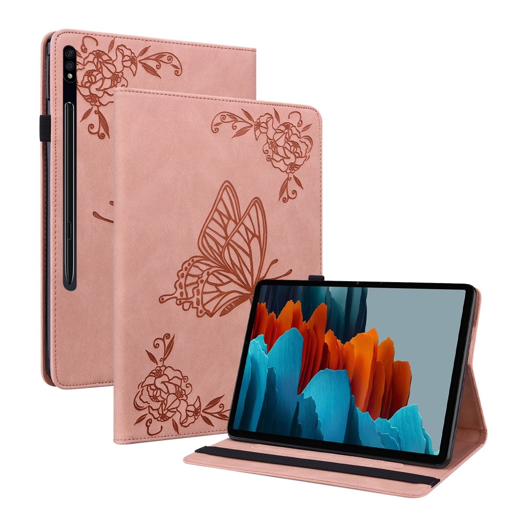 Läderfodral Fjärilar Samsung Galaxy Tab S7 rosa