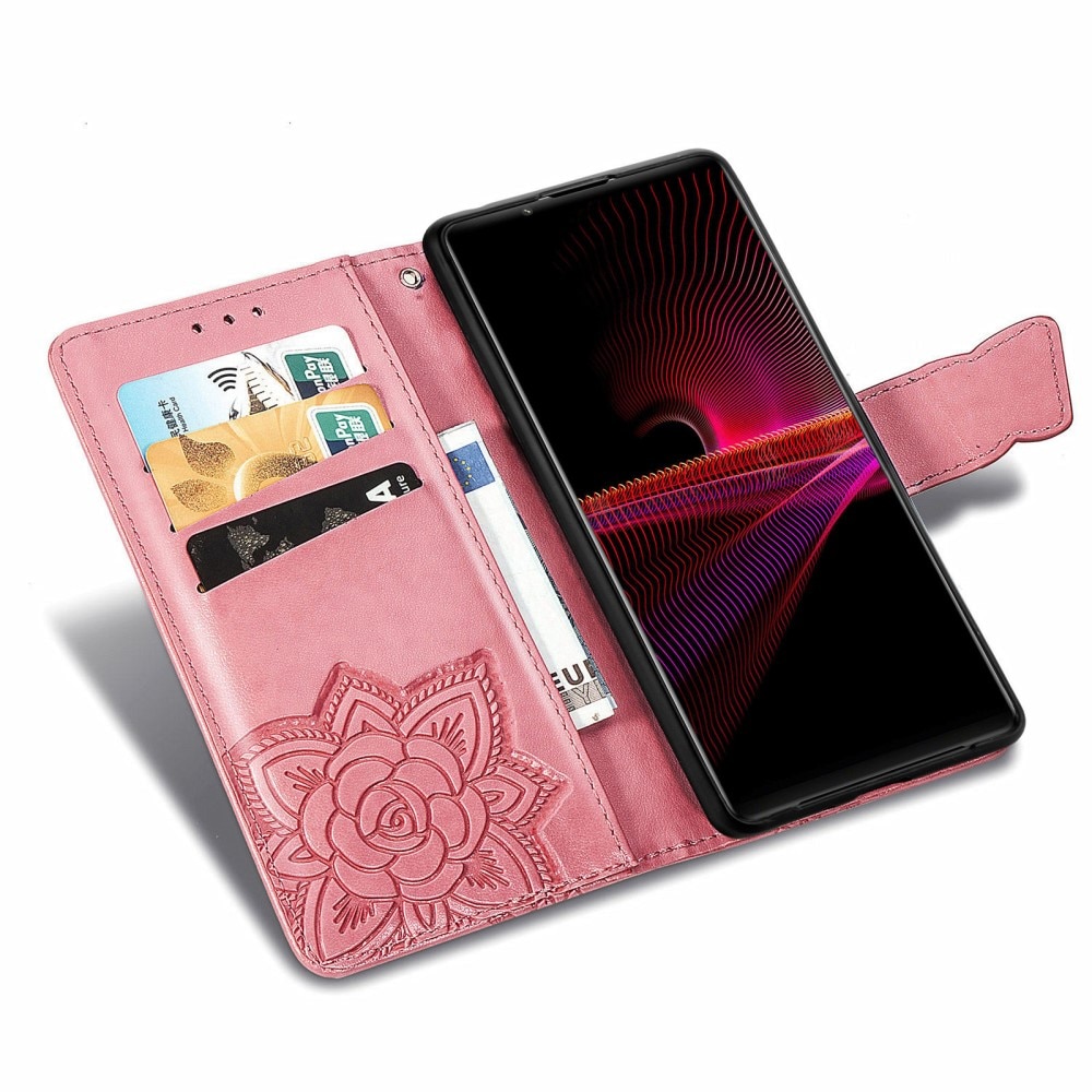 Läderfodral Fjärilar Sony Xperia 1 III rosa