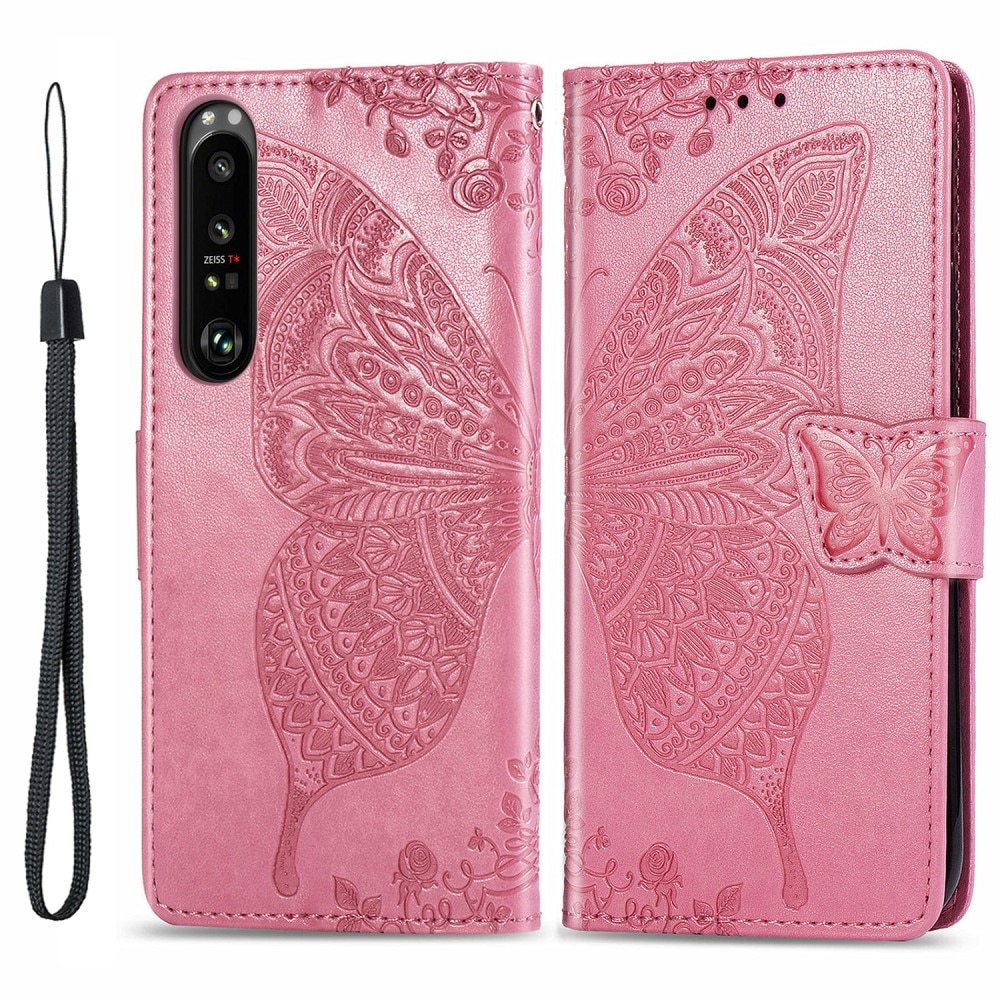 Läderfodral Fjärilar Sony Xperia 1 III rosa