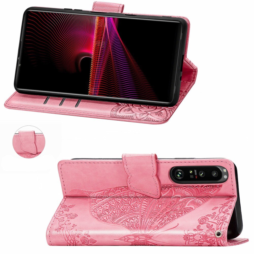 Läderfodral Fjärilar Sony Xperia 1 III Rosa