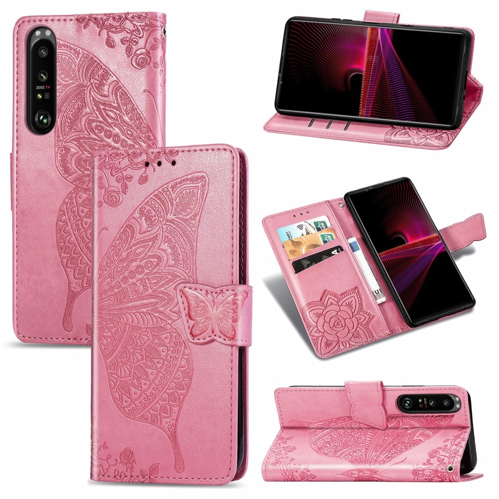 Läderfodral Fjärilar Sony Xperia 1 III rosa