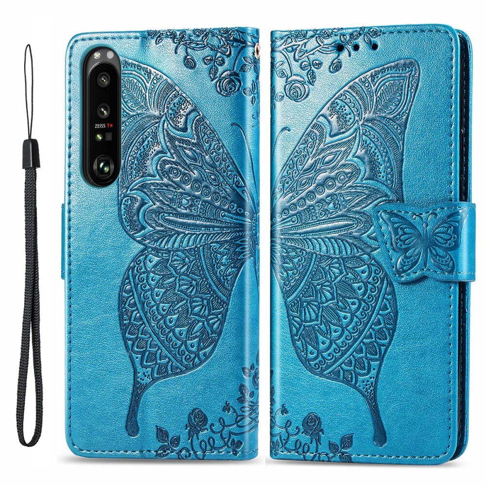 Läderfodral Fjärilar Sony Xperia 1 III Blå