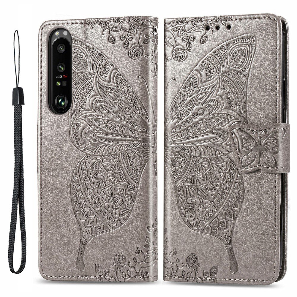 Läderfodral Fjärilar Sony Xperia 1 III Grå