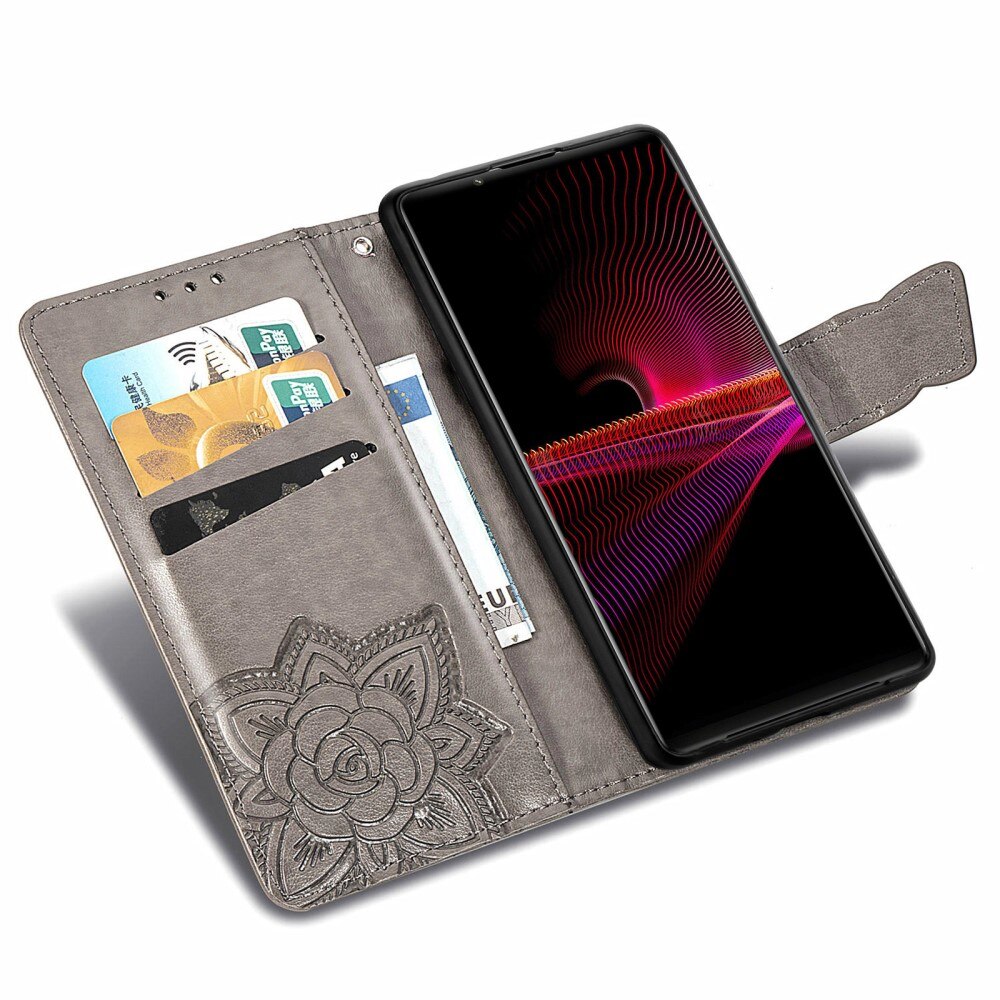 Läderfodral Fjärilar Sony Xperia 1 III Grå
