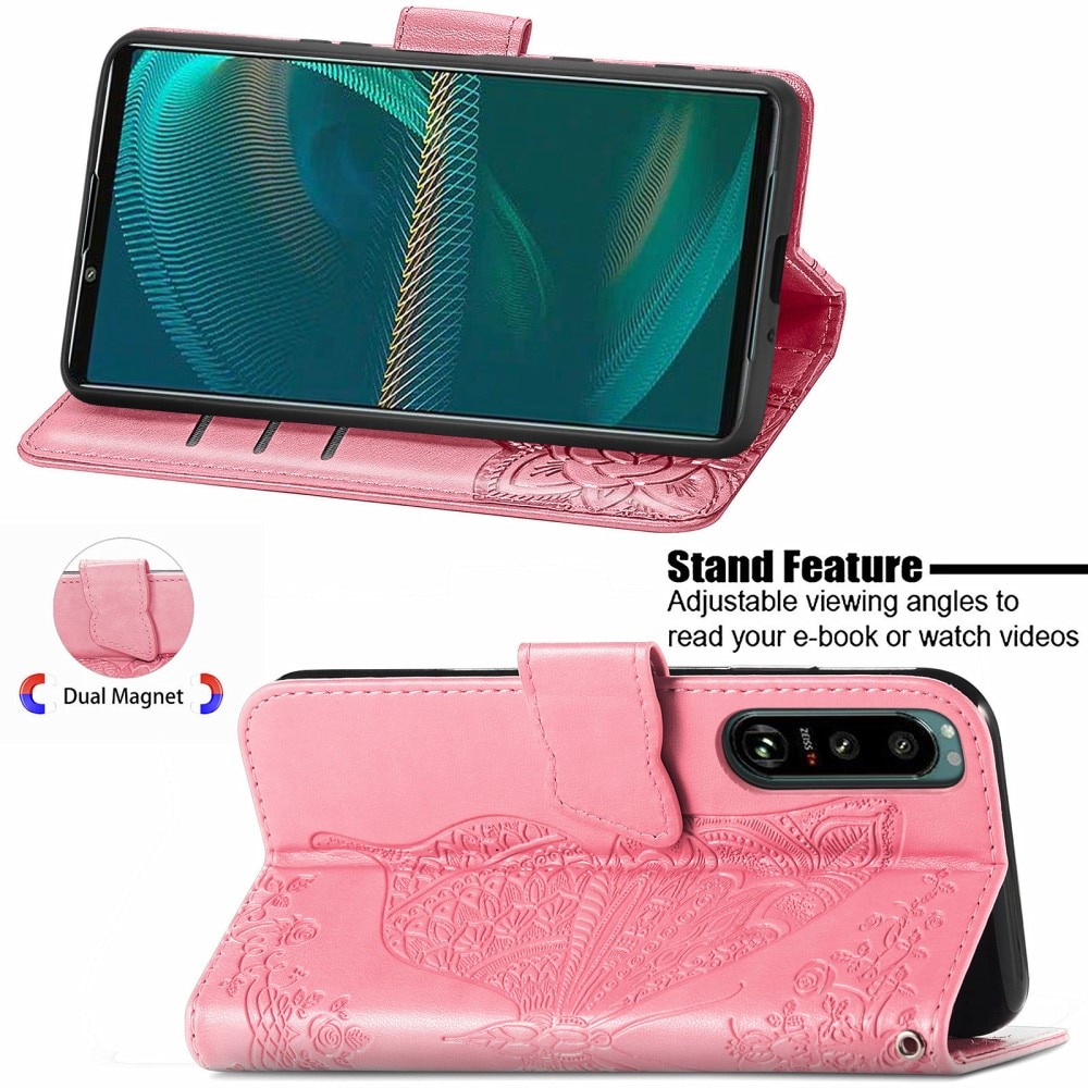Läderfodral Fjärilar Sony Xperia 5 III rosa