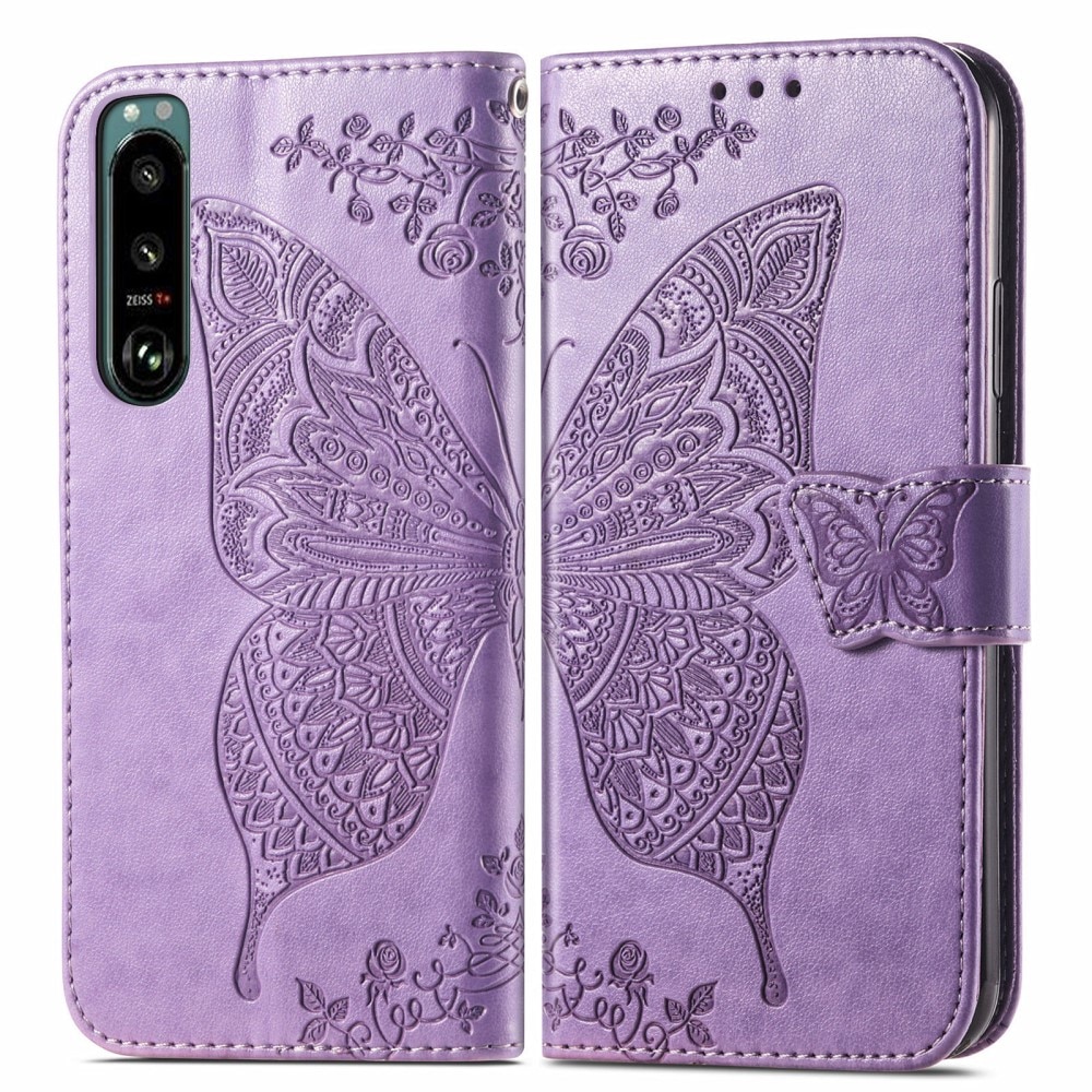 Läderfodral Fjärilar Sony Xperia 5 III lila