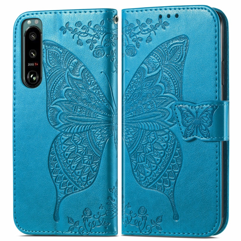 Läderfodral Fjärilar Sony Xperia 5 III blå