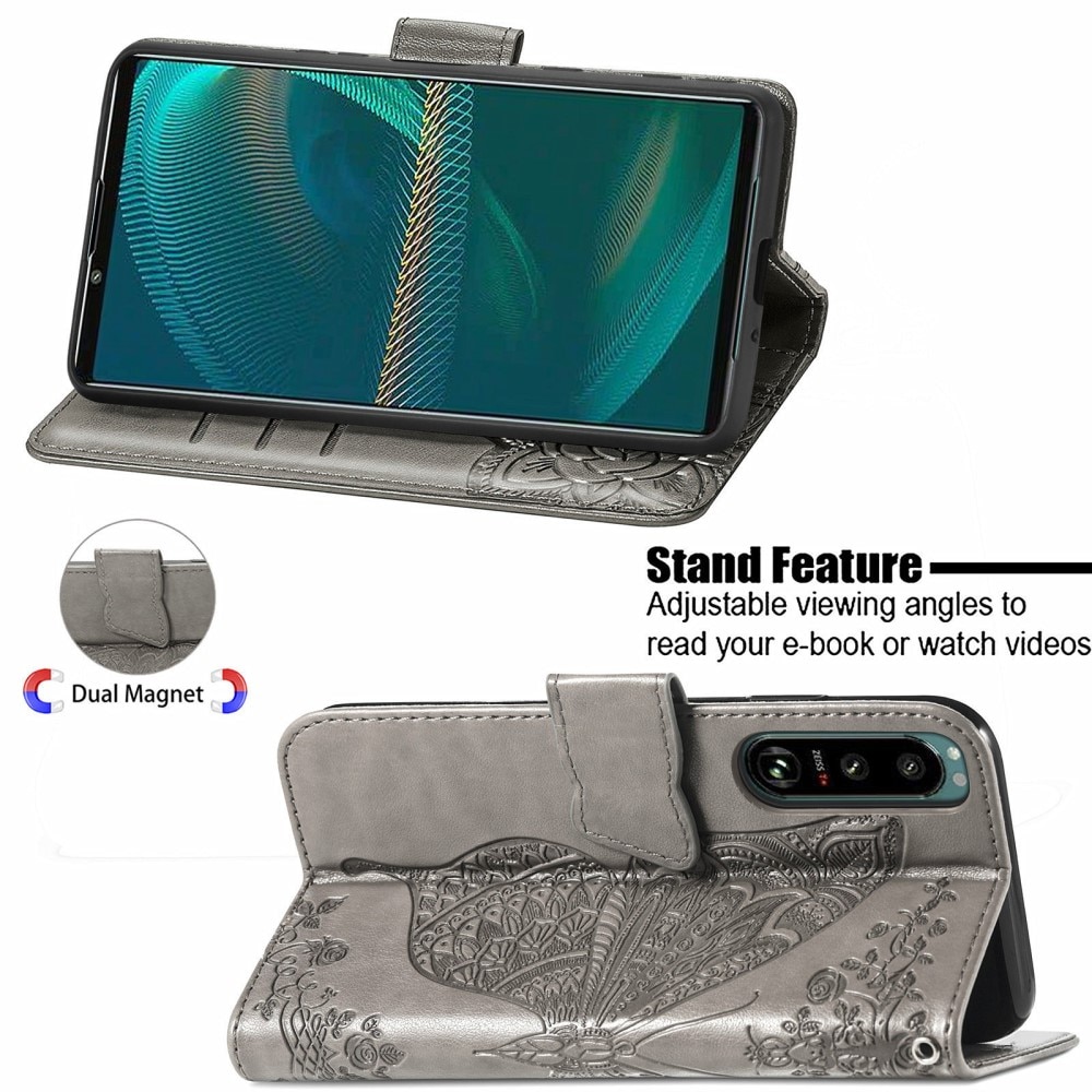 Läderfodral Fjärilar Sony Xperia 5 III grå