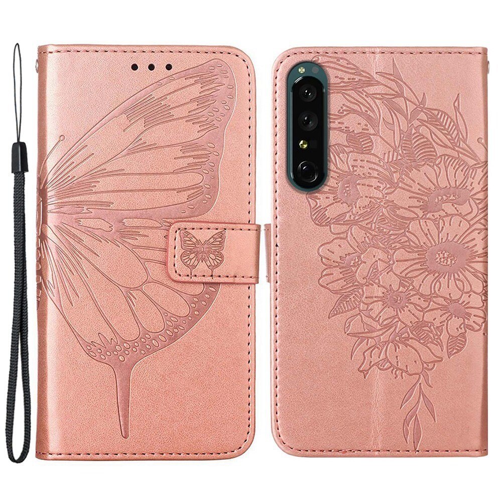 Läderfodral Fjärilar Sony Xperia 1 IV roséguld