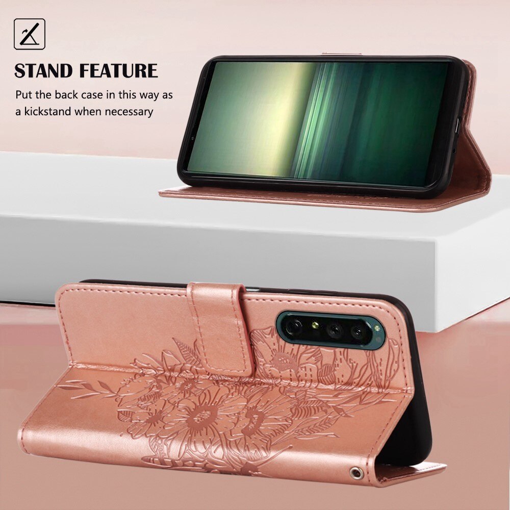 Läderfodral Fjärilar Sony Xperia 1 IV Roséguld