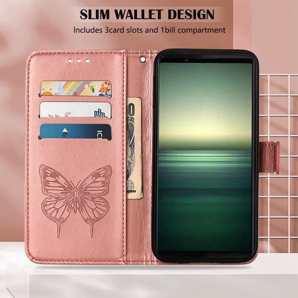 Läderfodral Fjärilar Sony Xperia 1 IV Roséguld