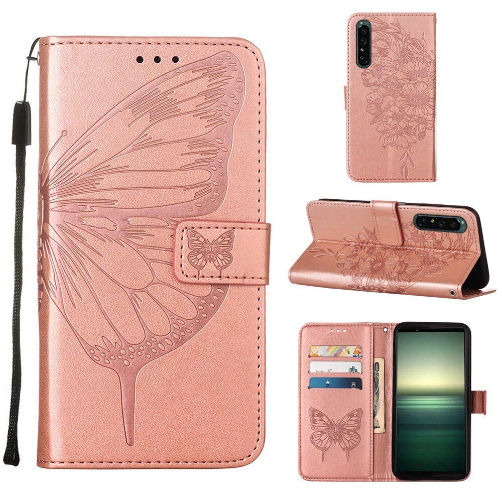 Läderfodral Fjärilar Sony Xperia 1 IV Roséguld