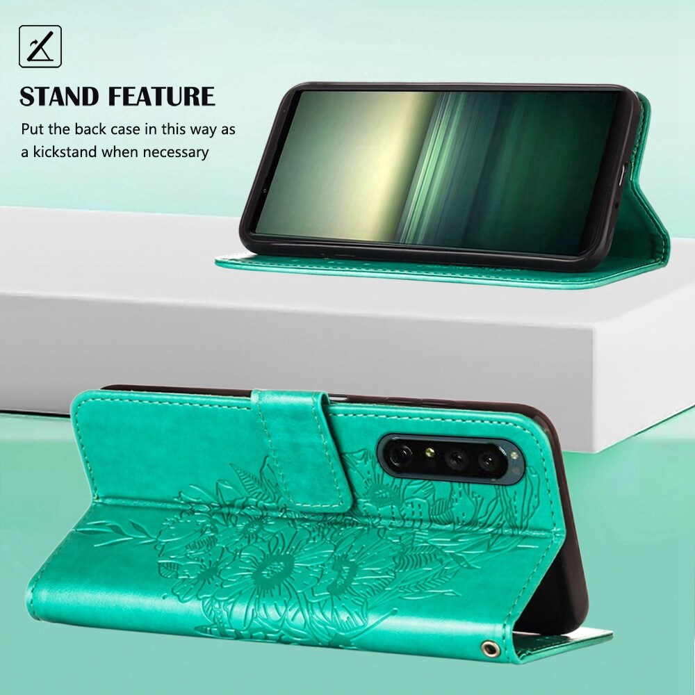 Läderfodral Fjärilar Sony Xperia 1 IV Grön