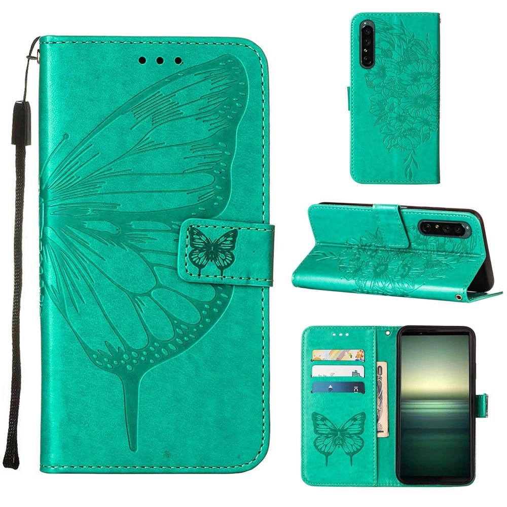 Läderfodral Fjärilar Sony Xperia 1 IV grön