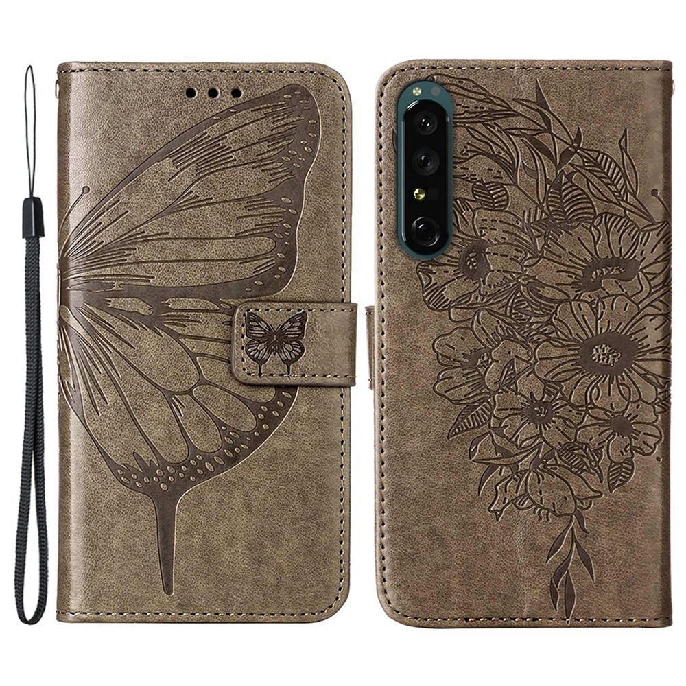 Läderfodral Fjärilar Sony Xperia 1 IV Grå