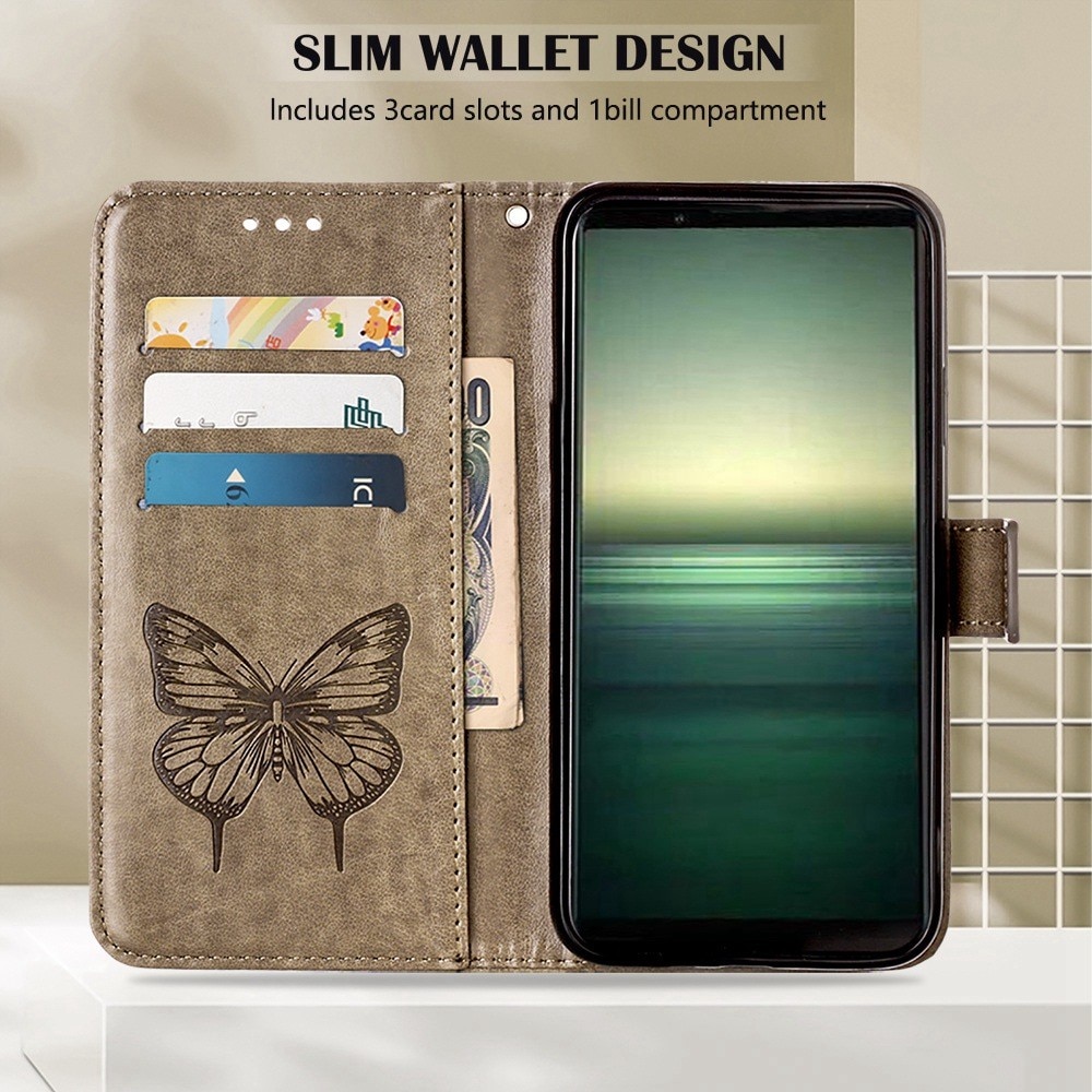 Läderfodral Fjärilar Sony Xperia 1 IV Grå