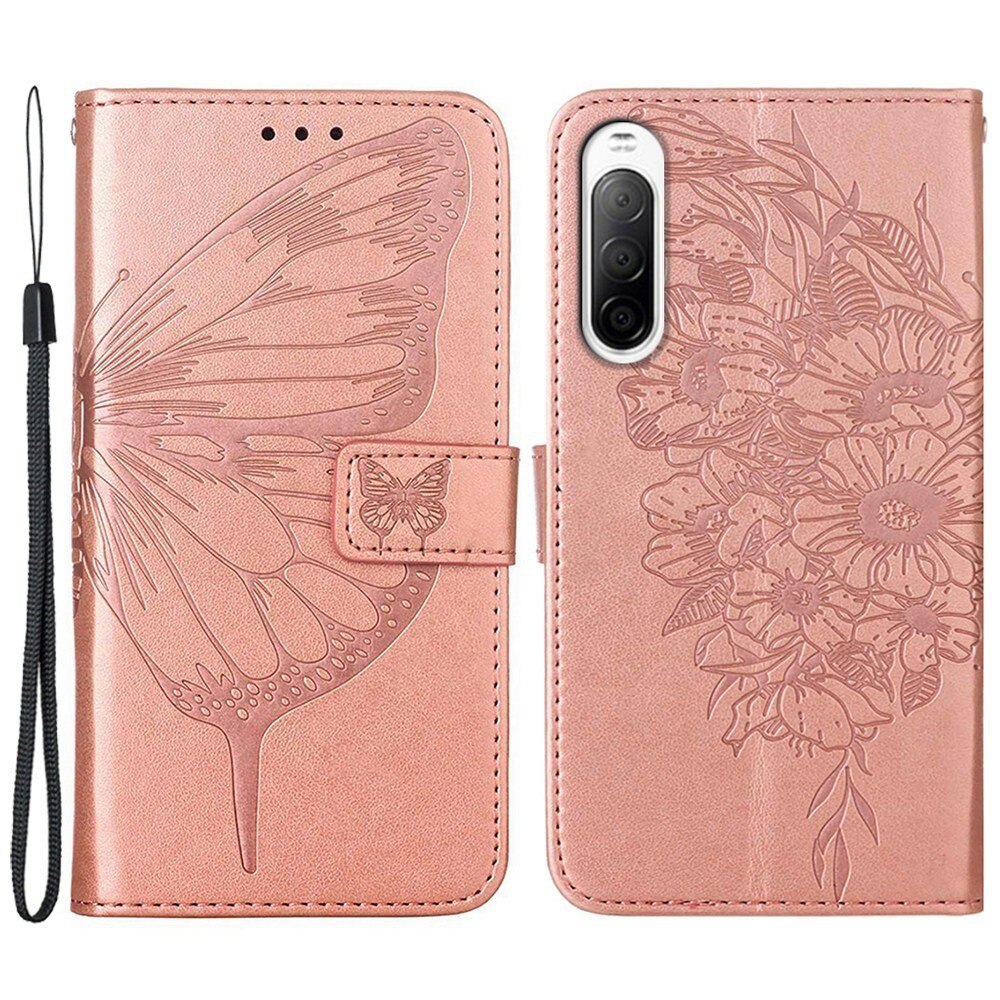 Läderfodral Fjärilar Sony Xperia 10 IV Roséguld