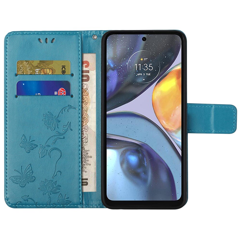 Läderfodral Fjärilar Motorola Moto G22 blå