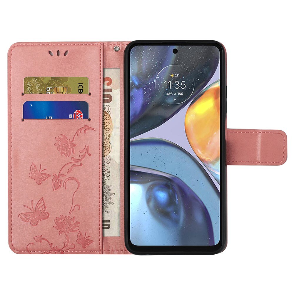 Läderfodral Fjärilar Motorola Moto G22 Rosa