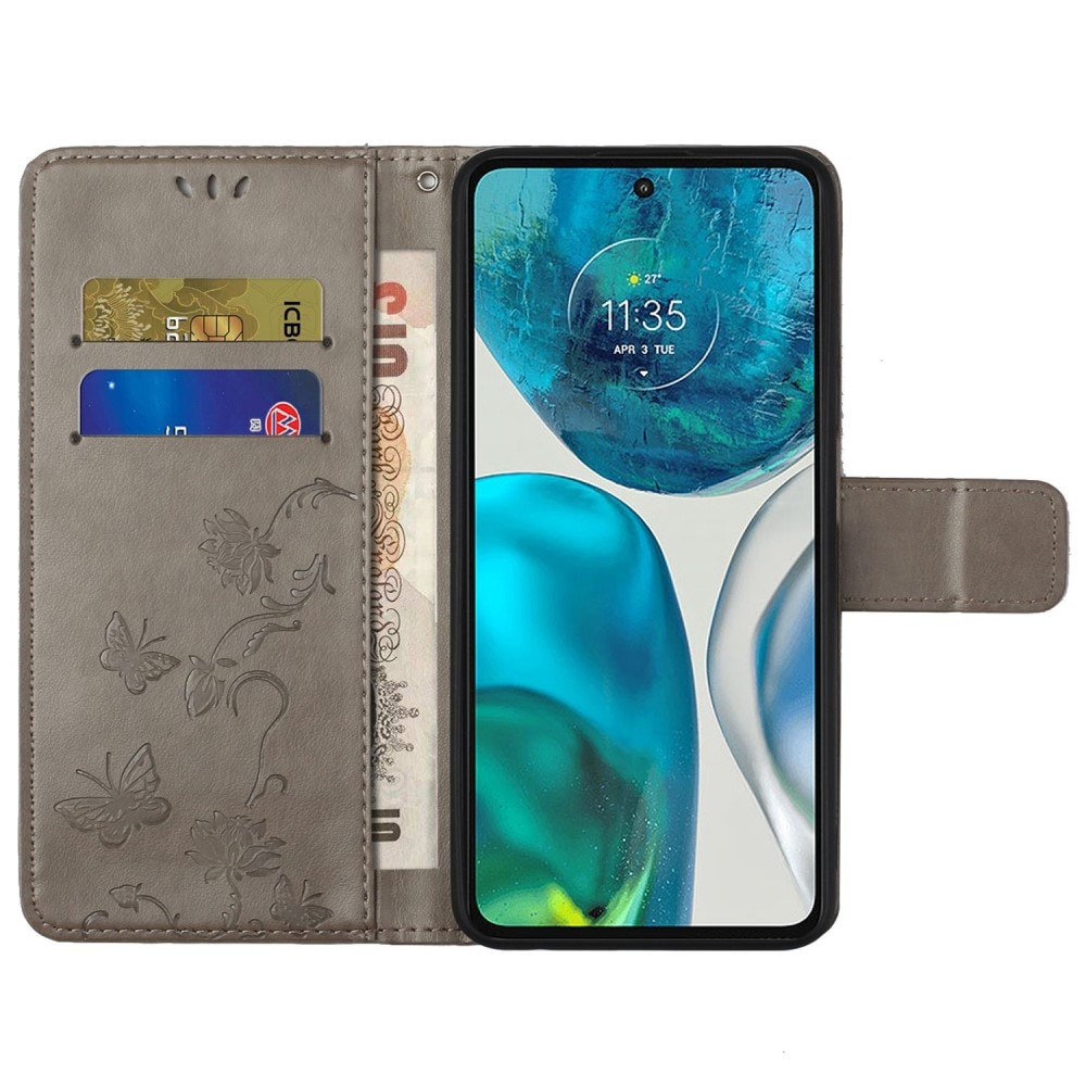 Läderfodral Fjärilar Motorola Moto E32 Grå