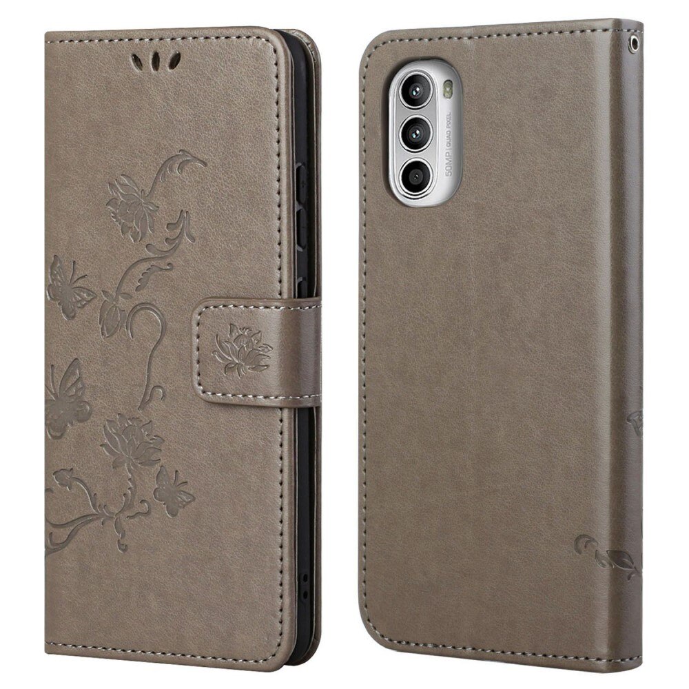 Läderfodral Fjärilar Motorola Moto G52 Grå